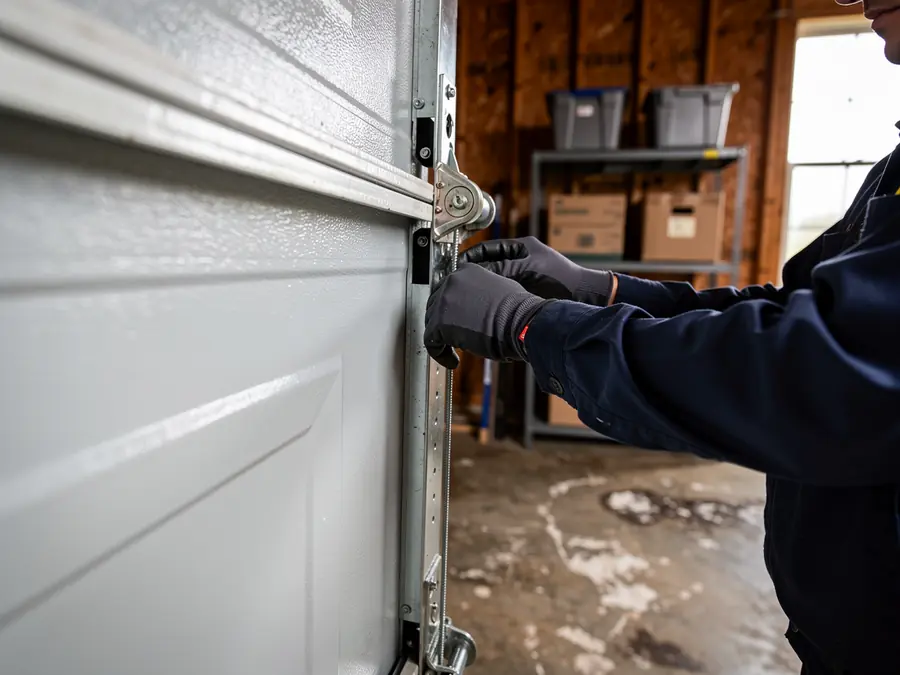 A technician in gloves works on the roller of a white garage door.
