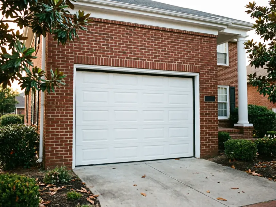 A white paneled garage door is on a brick house with a concrete driveway.