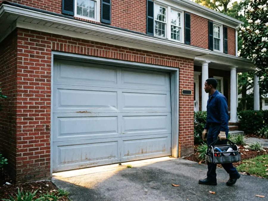 A technician carries a toolbox past a gray garage door on a brick house.