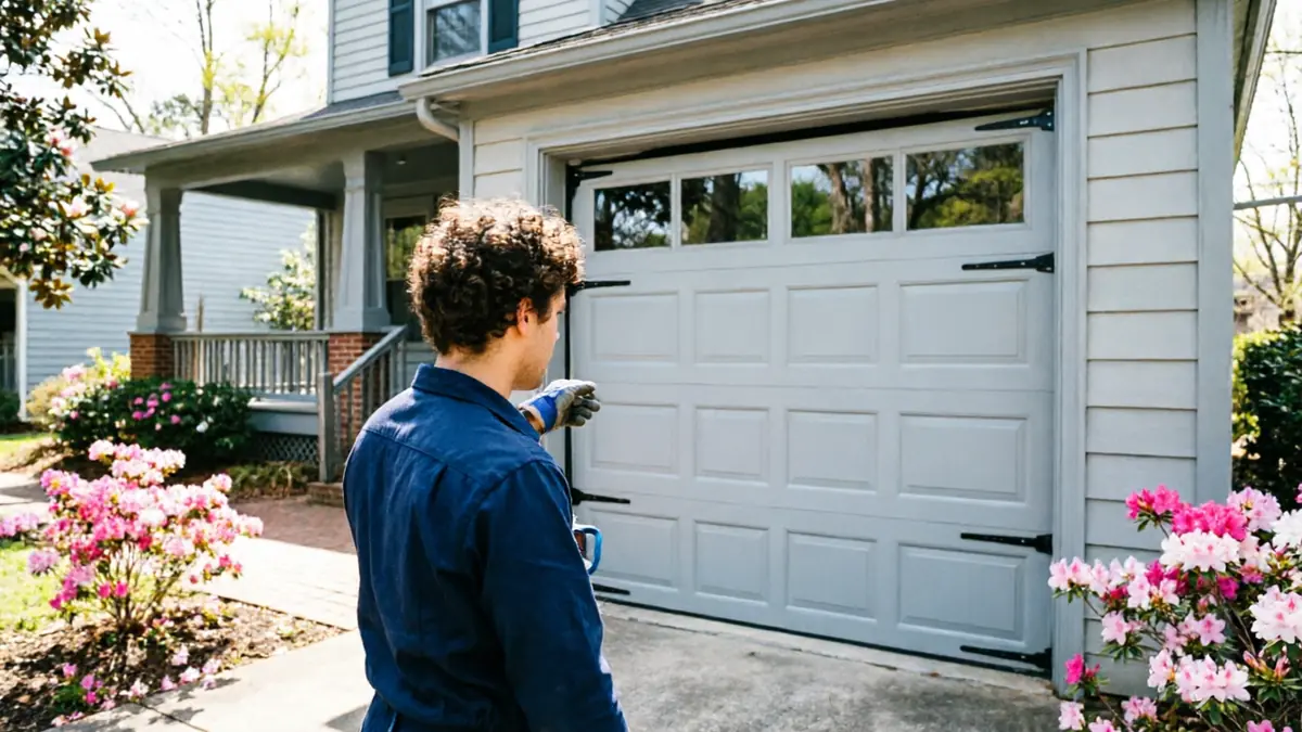 A technician in a blue shirt and gloves stands in front of a gray garage door.