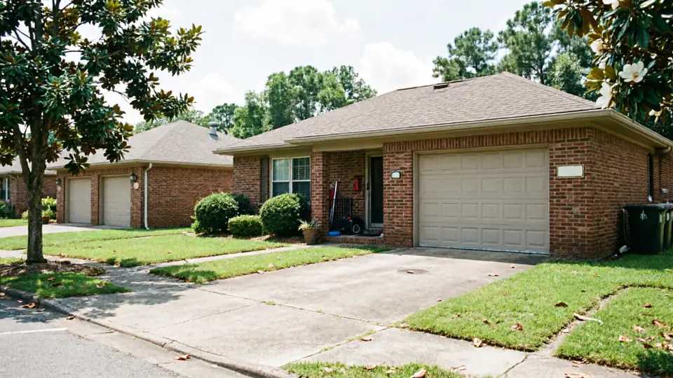 The house has a tan garage door, brick walls, and a brown roof.
