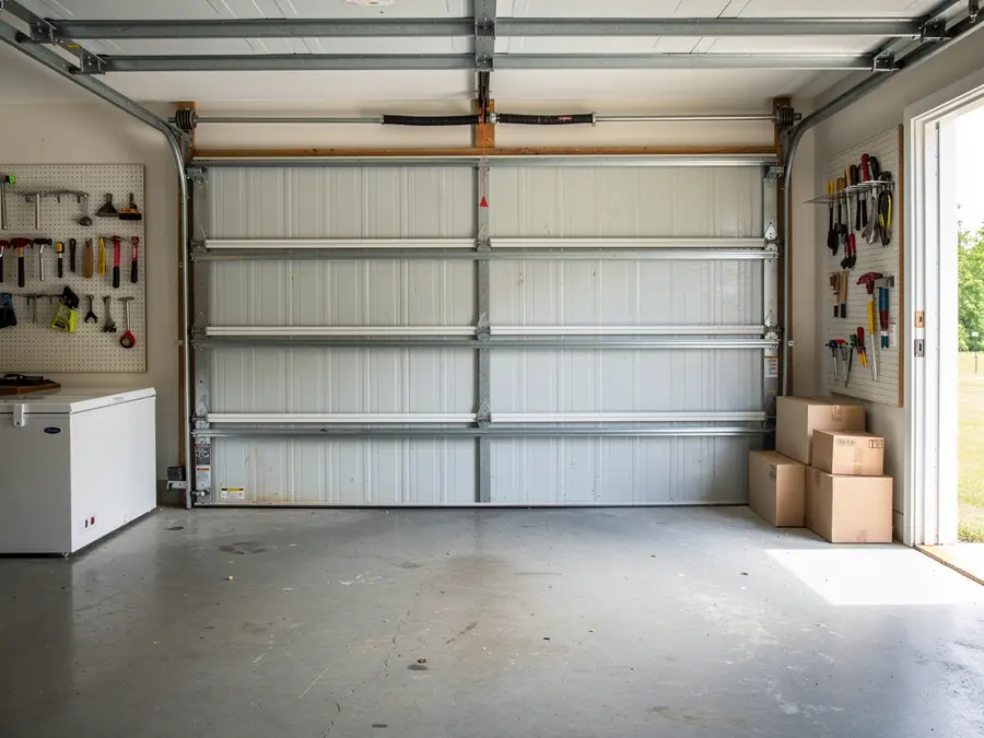The garage door is open, revealing the interior of a garage with tools and boxes.