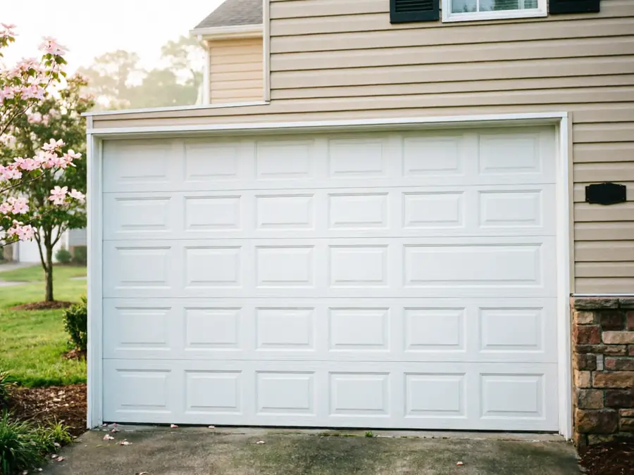 A white paneled garage door is on a house with tan siding.
