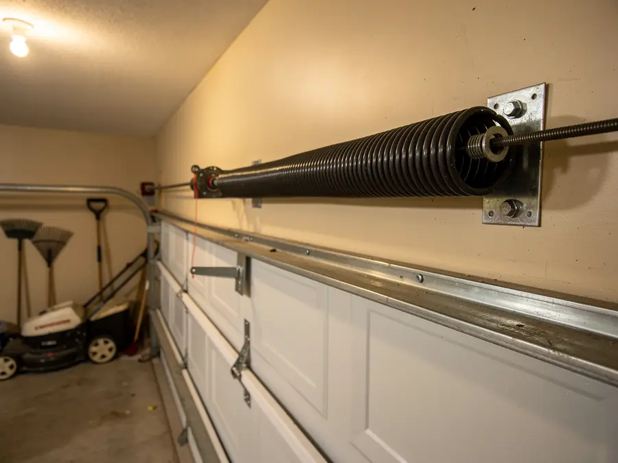 A torsion spring is mounted above a white garage door.